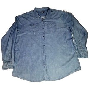 Clairborne Denim Chambray Button Up Long Sleeve Shirt Men Sz XXL Blue Pockets